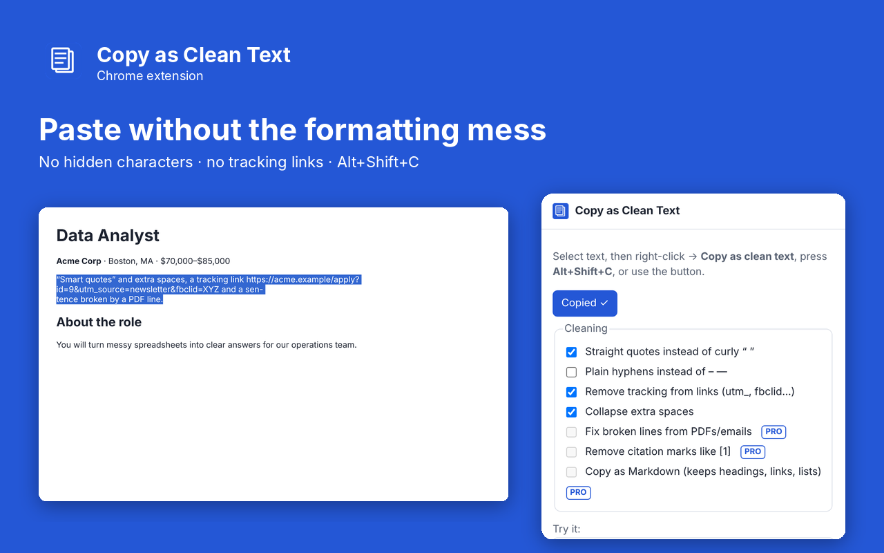 Clean Copy popup next to the page it is working on