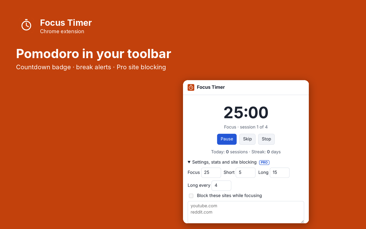Focus Timer popup next to the page it is working on