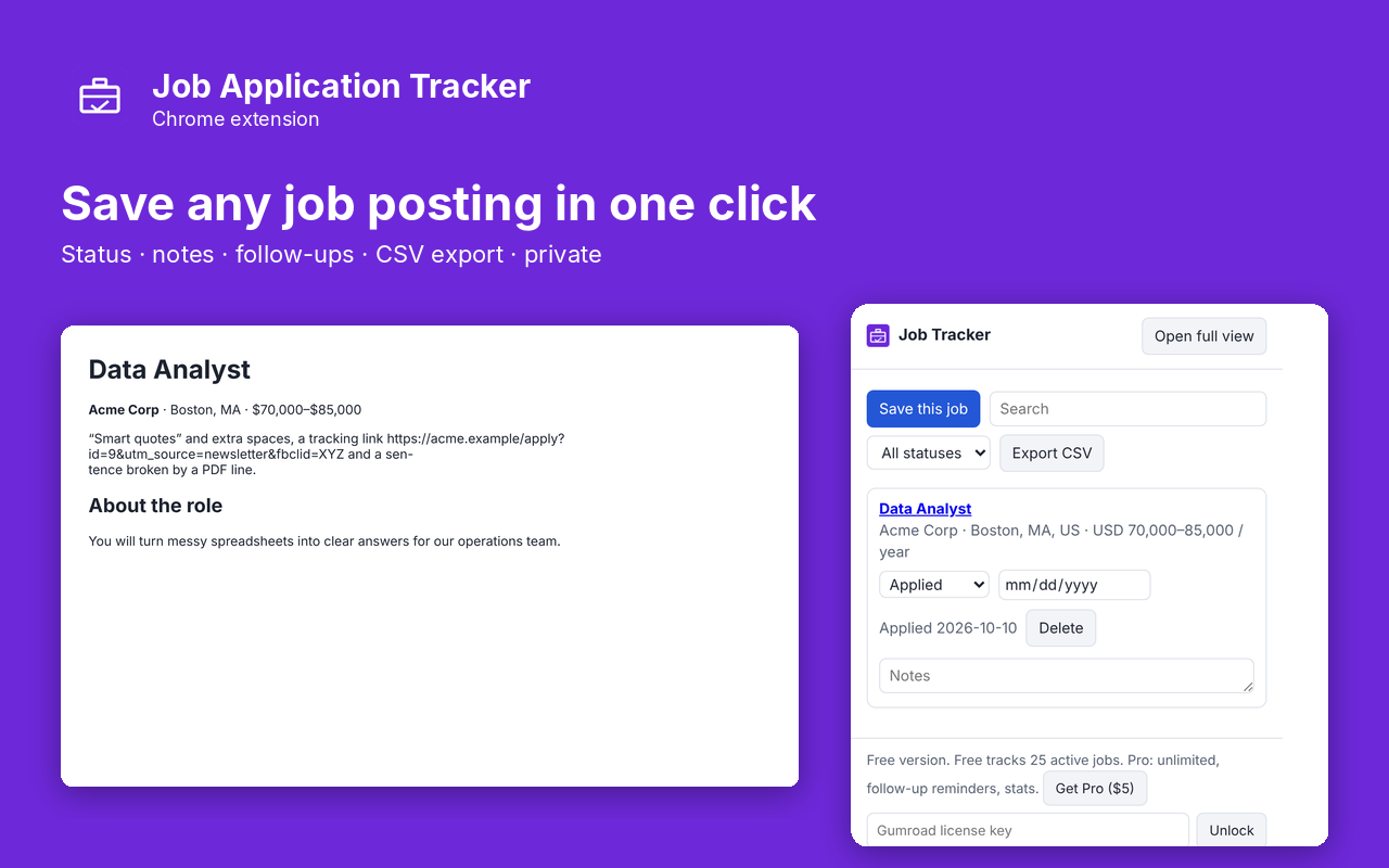 Job Tracker popup next to the page it is working on