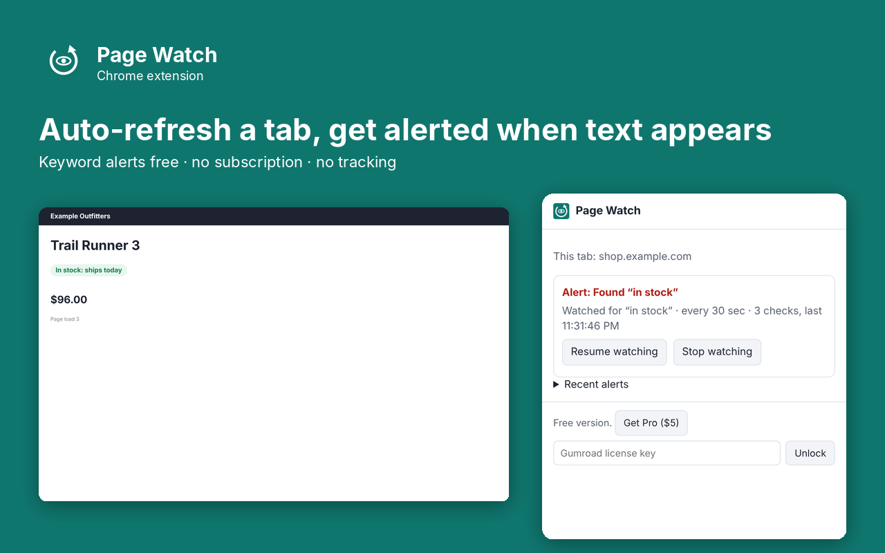 Page Watch popup next to the page it is working on