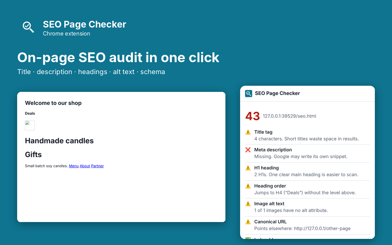 SEO Checker popup next to the page it is working on