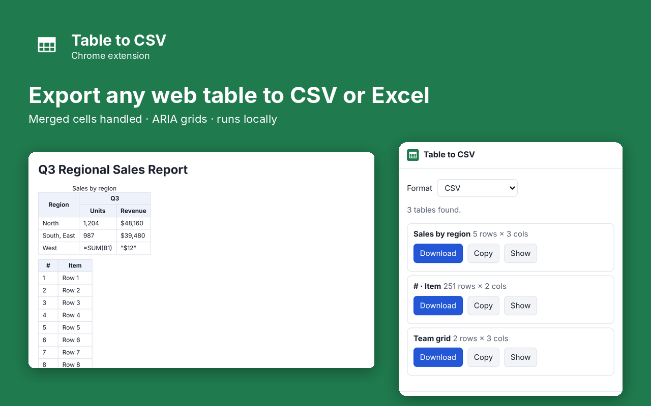 Table to CSV popup next to the page it is working on